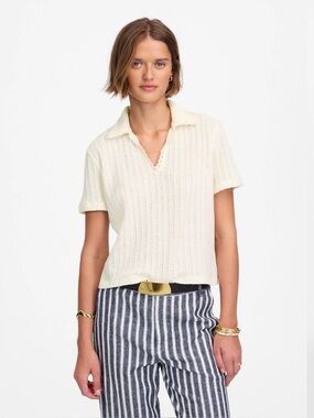 Cream Crochet-Knit V-Neck Sweater Tee - medium